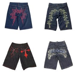 Herr y2k sommar denim shorts män haruku mode tryck avslappnad korta byxor kvinnor hip hop punk streetwear goth baggy jeans byxor 230814