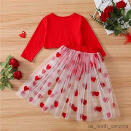 Girl's Dresses Valentine's Day Kids Girls Suit Long Sleeve Round Neck Solid Color Crop Tops See Through Mesh Heart Half Dress with Shorts R230815