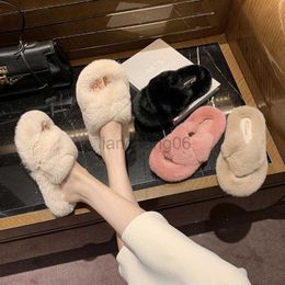 Slippers New House Furry Slipper Women Winter Women Cross Fluffy Fur Home Slide Flat Indoor Floor Shoes Ladies Flip Flops Chanclas Mujer X230519