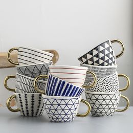 Mugs Nordic Luxury Mug Wide mouth with Gold Handle Hand Painted Geometric Ceramic Handmade Irregular Cups Milk Tea Oatmeal Coffee 230815