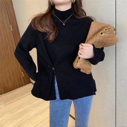 Women's Sweaters Women Sweater Turtleneck Long Sleeves Irregular Split Buttons Ribbed Lady Winter Solid Colour Loose Warm Jumper