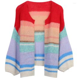 Women's Knits Oversized V-neck Buttonless Contrasting Striped Knitted Cardigan 2023 Autumn Loose Hand Crochet Sweater Jacket Top Coat