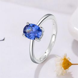 Wedding Rings Blue Crystal Small Oval Stone Ring Elegant Pink Zircon Engagement Thin For Women Vintage Silver Color Band Jewelry