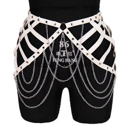 White Skirt Leather Harness Chain Metal Waist Belt Punk Goth Sexy Lingerie Dress Hollow Out Suspender Body Harajuku Dance Rave x0815