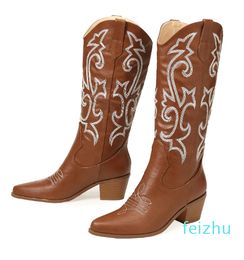 Autumn and Winter Womens Versatile Fashion Embroidered High Heel Boots Medium Western cowboy boot Large Size