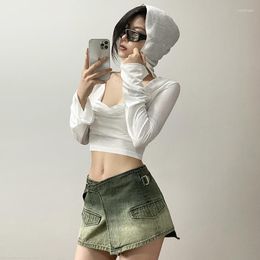 Women's T Shirts Summer Sun Protection Shirt Women Clothes Long Sleeve Hooded Y2k Outdoor Slim Fit Tshirts Streetwear White Crop Top