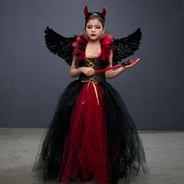 Girl s Dresses Child Royal Costume Set for Girls Halloween Dress Up Party Clothing Kids Gothic Devil Queen Gown Tutu with Wing 230814