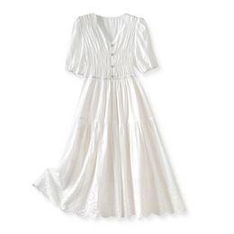 2023 Summer White Solid Color EmbroideryDress Short Sleeve V-Neck Buttons Midi Casual Dresses W3L043104