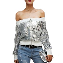 Womens Jackets Xingqing Sequin Coat for Women Club Clothes Glitter Off Shoulder Long Sleeve Jacket Zip Up Crop Top Party Clothing Streetwear 230815