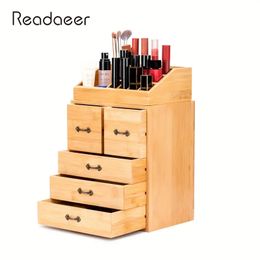 Bamboo Makeup Organizer With Drawers Large Capacity Cosmetic Organizer Countertop Makeup Brush Lipstick Display Case Storage Box For Bedroom