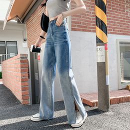 Women's Jeans Gradient Straight Leg Jean Ladies Fashion Trend Outfits High Waist Split Hem Denim Trouser Light Blue Casual Pants XSXXL 230814