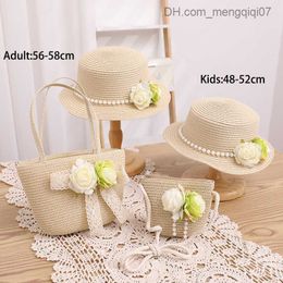 Caps Hats French elegant retro summer straw hat bag set suitable for women and girls pearl flower hat mother child holiday outdoor travel beach sun hat Z230815
