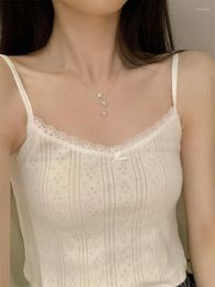 Women's Tanks White Crop Top Women Summer Lace Trim Bow Hollow Out Cute Camis Tops For Sweet Girl Kawaii Clothes