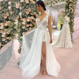 ZJ9330 One Shoulder Lace Boho Wedding Dresses Pleated 2 Pieces Overskirt Tulle Bridal Gowns Princess Custom Made 2023