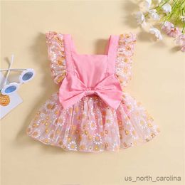 Girl's Dresses Infant Baby Girls Flower Print Bowknot Romper Dress Princess Sweet Baby Tulle Fly Sleeve Backless Jumpsuit Summer Rompers R230815