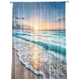 Curtain Blue Sea Waves Sunset Sunshine Sheer Curtains for Living Room Bedroom Kitchen Tulle for Windows Voile Yarn Curtains for Bedroom