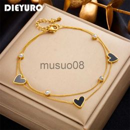 Anklets DIEYURO 316L Stainless Steel Heart Love Anklets For Women Girl New Trend Multi-layer Leg Chain Non-fading Jewelry Gift Party J230815