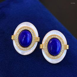 Stud Earrings Vintage High-level Feeling Lapis Lazuli Fritillaria Earings Original Charm Dark Blue Oval For Women Jewelry Gift