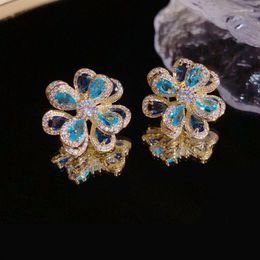 Stud Earrings Vintage Zircon Blue Flower For Women High Quality Copper Thickened Gold Plated Designer Earring Original Jewellery