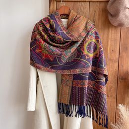 Scarves Design Print Winter Scarf Cashmere Thick Warm Pashmina Shawls and Wraps Tassel Bufanda for Ladies Paisley Knitted Scarves 230815