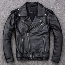 Men's Jackets Spring Classical Motorcycle Oblique Zipper Men Leather Jacket Natural Calf Skin Thick Slim Cowhide Moto Biker Man 230814