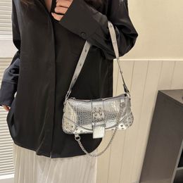 Evening Bags MBTI Vintage Y2k Silver Shoulder Bag for Women Goth Rivets Summer Fashion Handbags and Purse Leather Chains Underarm Bag Sac 230814