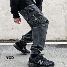 Men's Jeans Man Streetwear Hip Hop Loose Retro Carrot Pants For Men Reflective Letters Pocket Cargo Male Harajuku Trousers