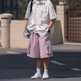 Men's Shorts Summer Cargo Men Fashion Retro Pocket Japanese Streetwear Hip-hop Loose Ice Silk Mens Beach
