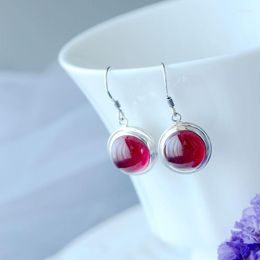 Dangle Earrings Authentic 925 Sterling Silver Earring Inlaid Artificial Ruby National Style Creative Flower Circular Eardrop Fine Jewellery