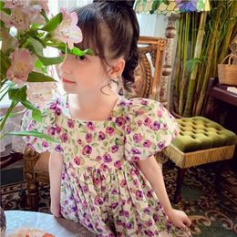 Girl's Dresses Girls' Bow Dress 2023 Summer New Thin Medium to Big Boys' Foreigner Print Bubble Short Sleeve Princess Dress R230816