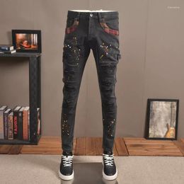 Men's Jeans Fashion Streetwear Men Retro Black Grey Stretch Slim Hole Ripped Painted Designer Patched Hip Hop Pants Hombre