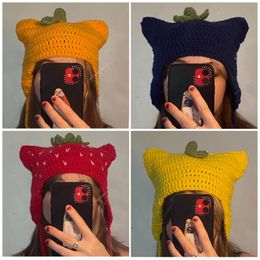 Beanie/Skull Caps Y2K Trend Harajuku Beanie Hat Fruit Pendant Beanies Women Knitted Cat Ear Punk Cap Fashion Designer Winter Warmer Bonnet Gorras 230815