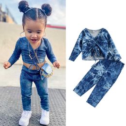 Clothing Sets 1-6Y Summer Fashion Kids Girls 2pcs Clothes Sets Tie-Dye Printed Long Sleeve Bandage Shirts+Pants Clothing