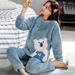 Women's Sleepwear Autumn Winter Cartoon Pyjamas Sets For Women Warm Thicken Long Girl Night Suits Coral Fleece Homewear Clothes