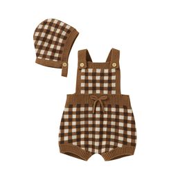 Rompers Baby Rompers Clothes born Netural Sleeveless Plaid Pattern Jumpsuits Caps Outfits Infant Boys Girls Knitting Toddler Knitwear 230816