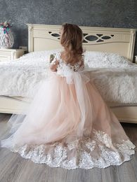 Lovely Ball Girls Dresses Blush Pink White Lace Appliques Long Sleeves Kids Birthday Party Dress Flower Child Prom Gown With Bow Sweep Train 403