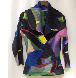 Women's Jackets SELLING MIiyake Fashion Fold Long Sleeve Print Coat Single Button Turndown Collar IN STOCK