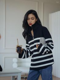 Women's Sweaters StyleAmog European And American Stand Neck Black White Stripe Lazy Style Loose Wool Top For Women