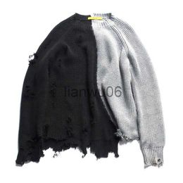 Men's Sweaters Autumn winter men ripped hole patchwork oversized knitted sweater irregular design hip hop punk knitwear women vintage pullover J230806