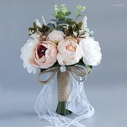 Wedding Flowers Beautiful Bride Bouquet Lotus Root Pink Rose Artificial Lace Ribbon Linen Rope Bowknot Holding