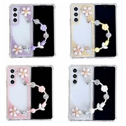 Fold5 Flower Bling Pearls Cases For Samsung Galaxy Z Fold 5 4 3 Zfold4 ZFold5 Fold4 Luxury Clear Folding Hard Acrylic PC TPU Shockproof Cover With Wrist Chian Strap