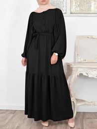 Ethnic Clothing Eid 2023 Muslim Solid Bubble Sleeves O-Neck Dress Long Sleeve Maxi Hijab Dresses Dadui Turkey Women With Belt Abaya Moroccan