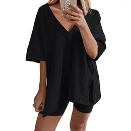 Women's Tracksuits Solid V Neck Loose Casual Shorts Short Sleeved Two Piece Lap Swimming Suit For Women Beach Cover Ups Summer