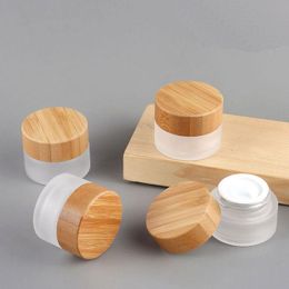 20G ml Frosted Glass Cosmetic Cream Jar Refillable Glass Face Cream Pot Cosmetics Container With Bamboo lids and Inner Liners For Eyesh Snpg