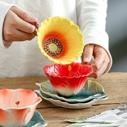 Mugs Creative 3D Handpainted Fusang Flower Sunflower Clivia Enamel Colour Ceramic Coffee Tea Set Afternoon Cup Plate 230815