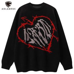 Men's Sweaters Aolamegs Men's Baggy Sweater Heart Letter Graphic Jumpers Cozy Harajuku Tops Cool Youthful Fashion Lovers Streetwear Clothing J230806