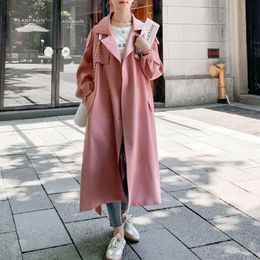 Women's Trench Coat Spring Pink With Belt Turn Down Collar Drouble Breasted Loose Style Femme Casaco Abrigo Streetwear 230815
