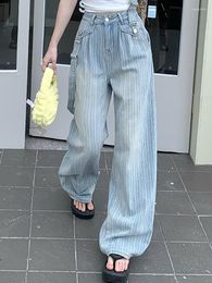 Women's Jeans Blue Striped Vintage Fashion Women Button Casual Designer Baggy Pants Female High Waist Korean Elegant 2023 Summer