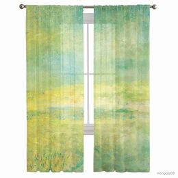 Curtain Abstract Watercolor Green Colored Sheer Curtains for Living Room Printed Tulle Window Curtain Luxury Home Balcony Decor Drapes