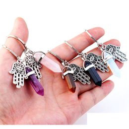 Key Rings Keyring Jewellery Healing Crystals Amethyst Rose Quartz Bead Chakra Point Women Men Natural Stone Fatima Hamsa Keychain Drop Dhwmt